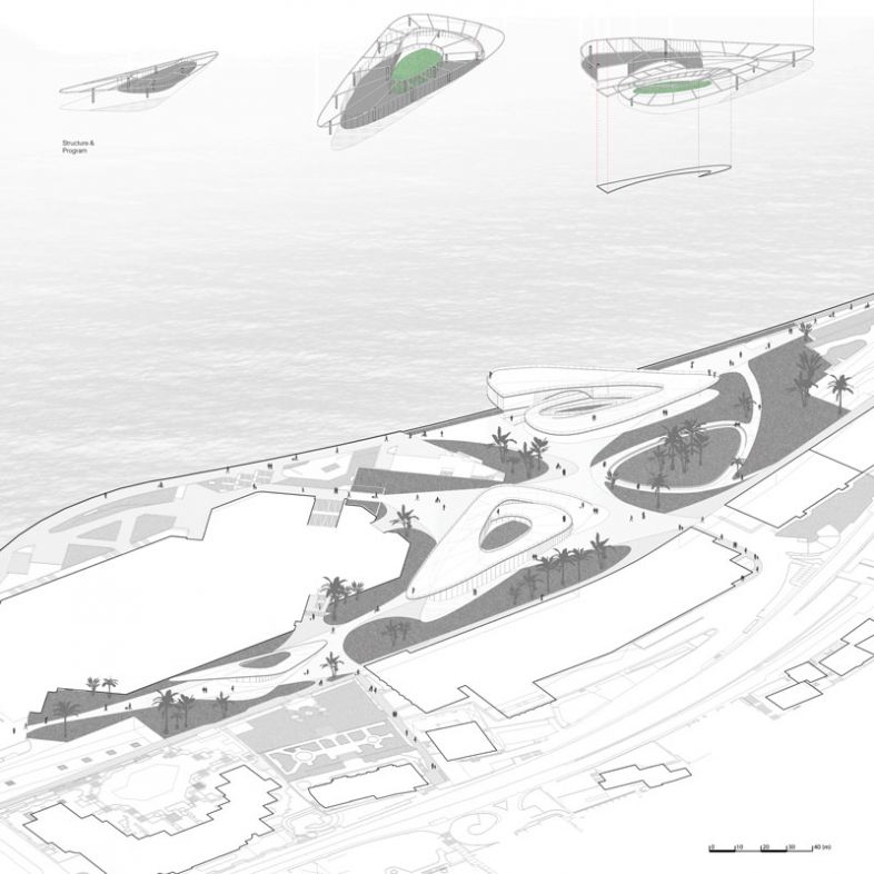 Regeneration of the waterfront area of the Forum Grimaldi into a programmatic multi functional landscape- a project by Mingchen Cui